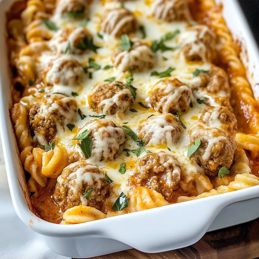 A white dish with meatballs and pasta.