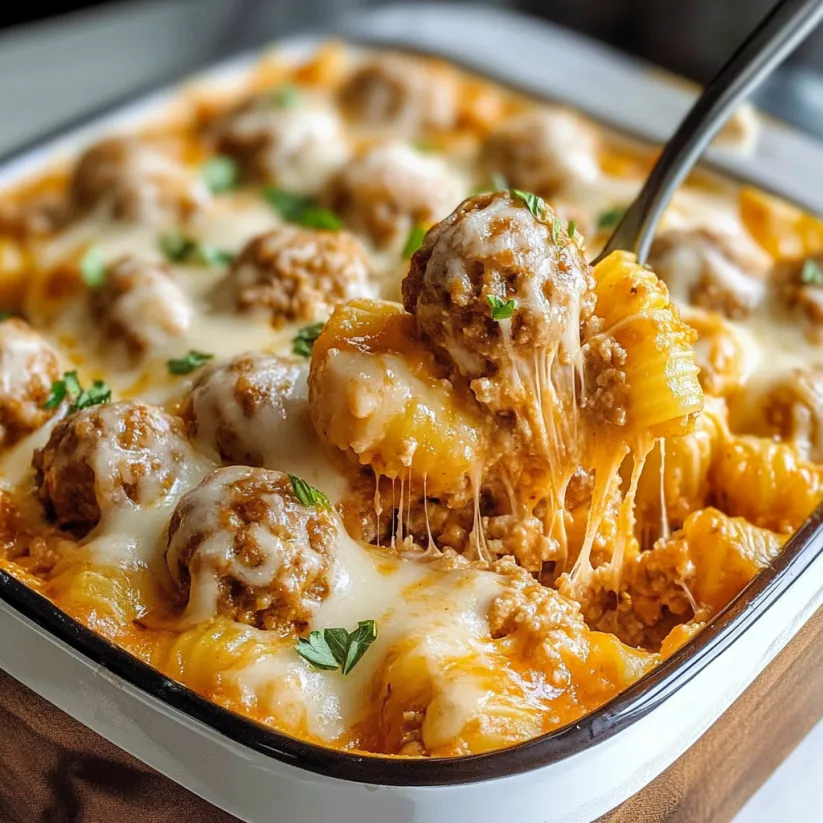 A dish of meatballs and pasta.