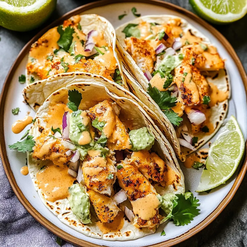 Two fish tacos with sauce on a plate.