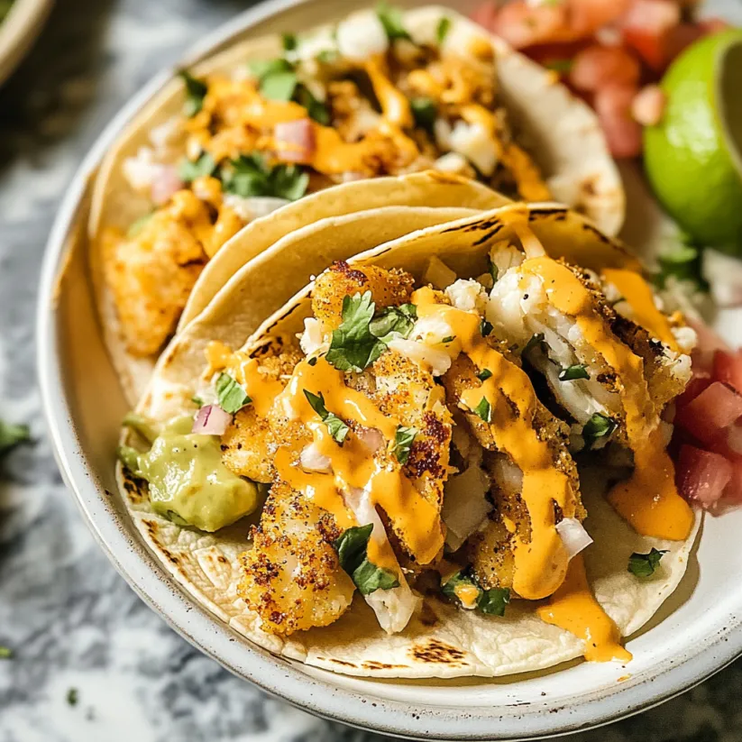 A plate of fish tacos with a side of pineapple.