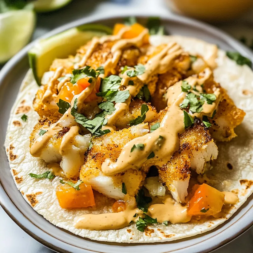 A plate of fish tacos with a side of lime wedges.