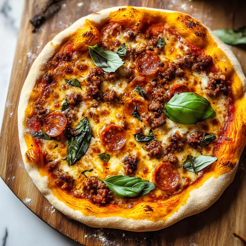 A spicy chorizo pizza with green leaves on top.