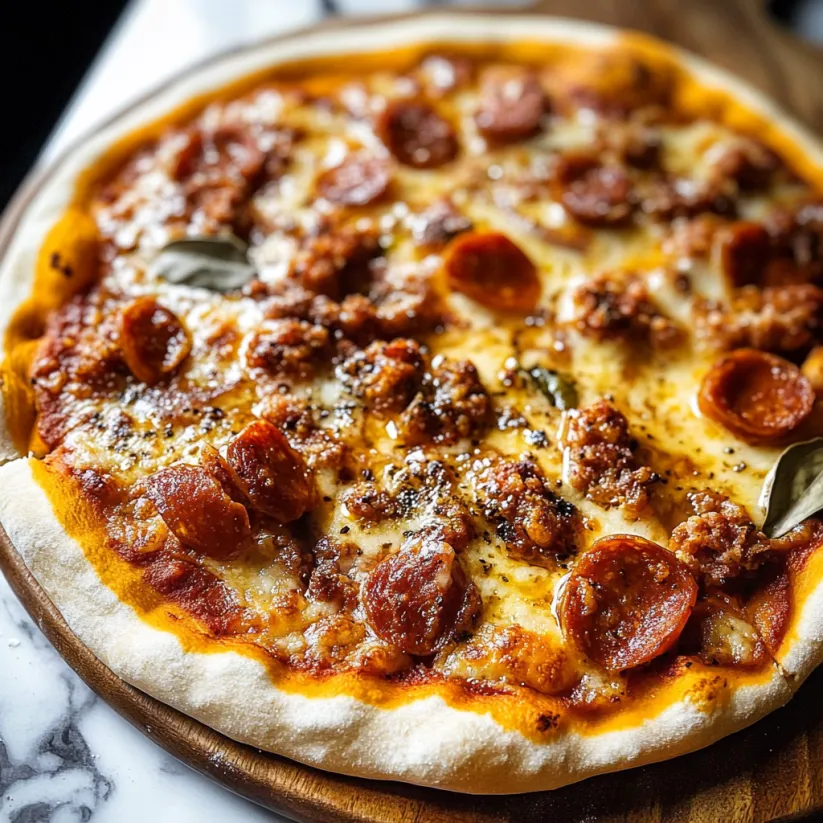 A spicy chorizo pizza with pepperoni and cheese.