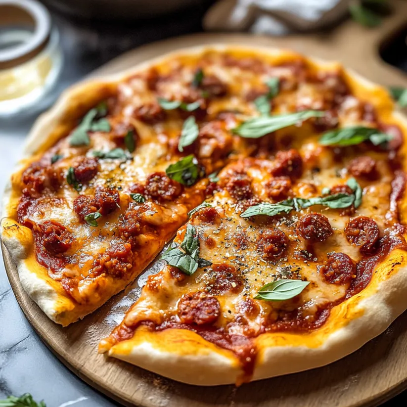 A slice of spicy chorizo pizza.