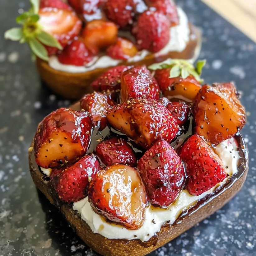A close up of a dessert made with strawberries and balsamic glaze.