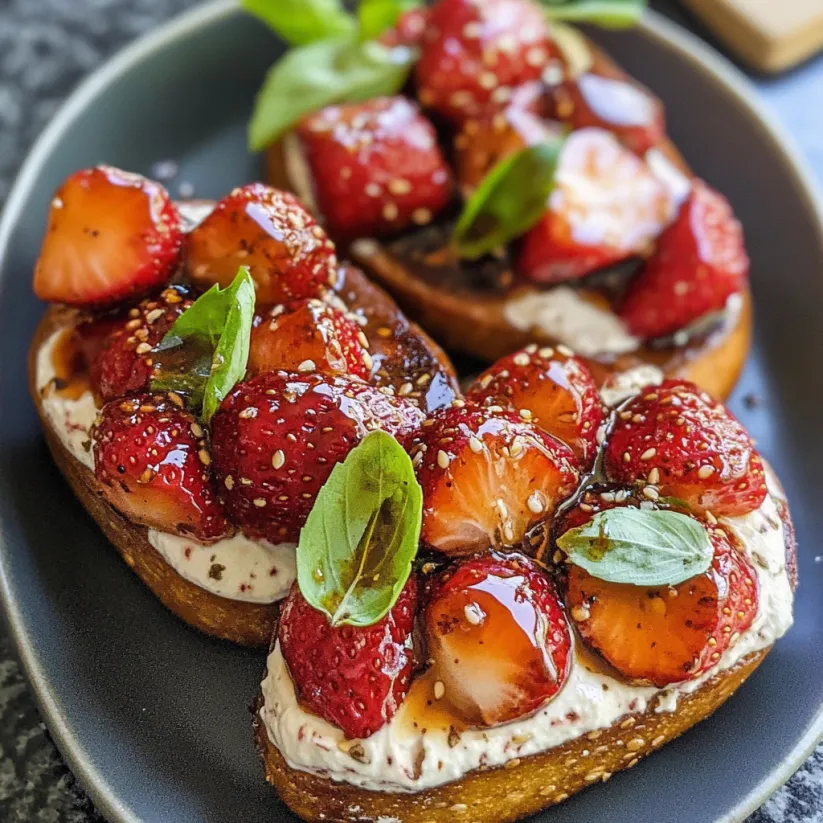 A plate of bread with strawberries on top.