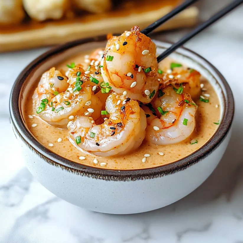 A bowl of shrimp with a wooden spoon.