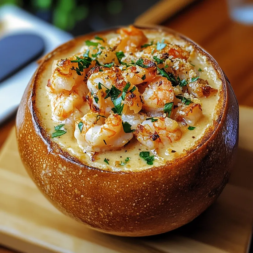 A bowl of seafood soup with a bread bowl.