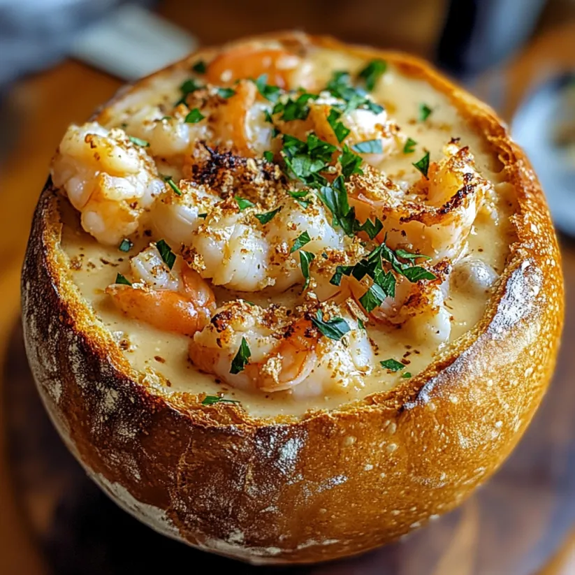 A bowl of seafood soup with a bread bowl on a table.