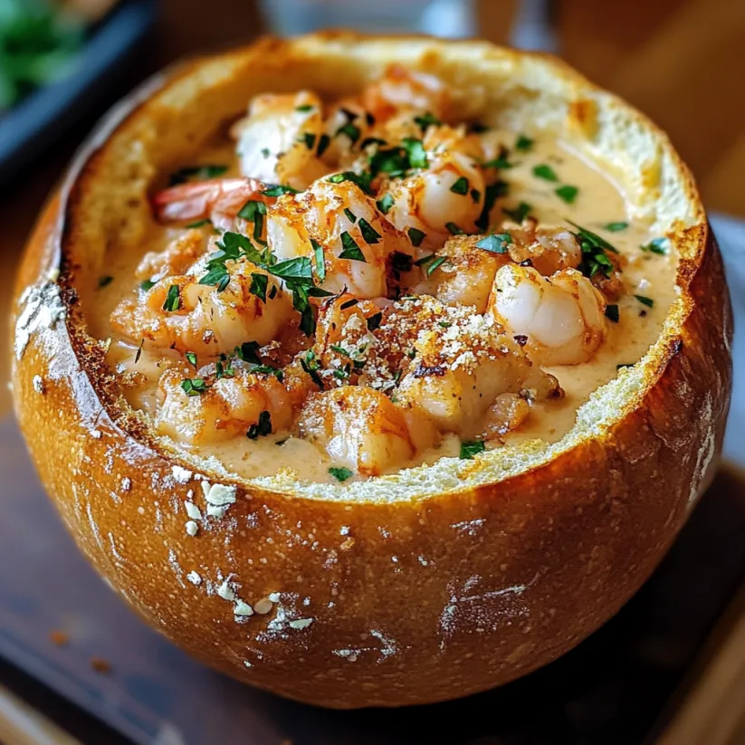 A bowl of soup with shrimp and bread.