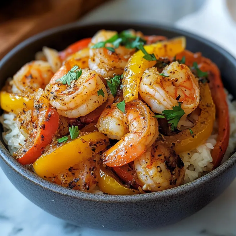 A bowl of shrimp and peppers.