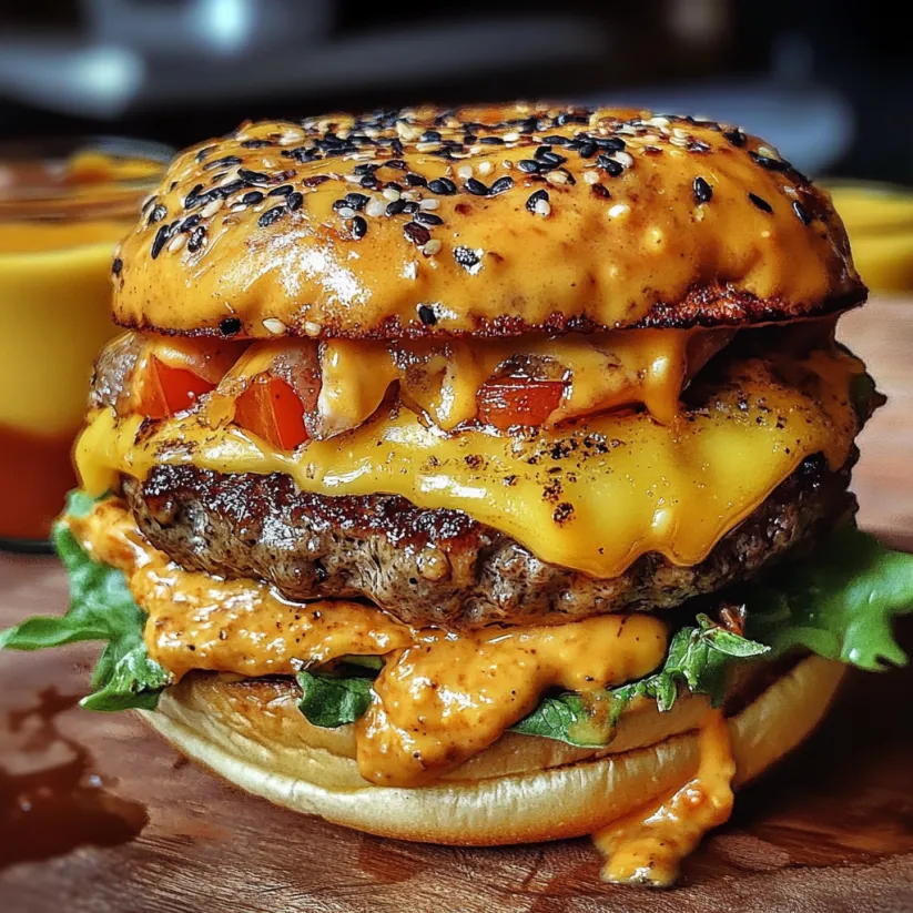 A large burger with cheese and tomatoes.
