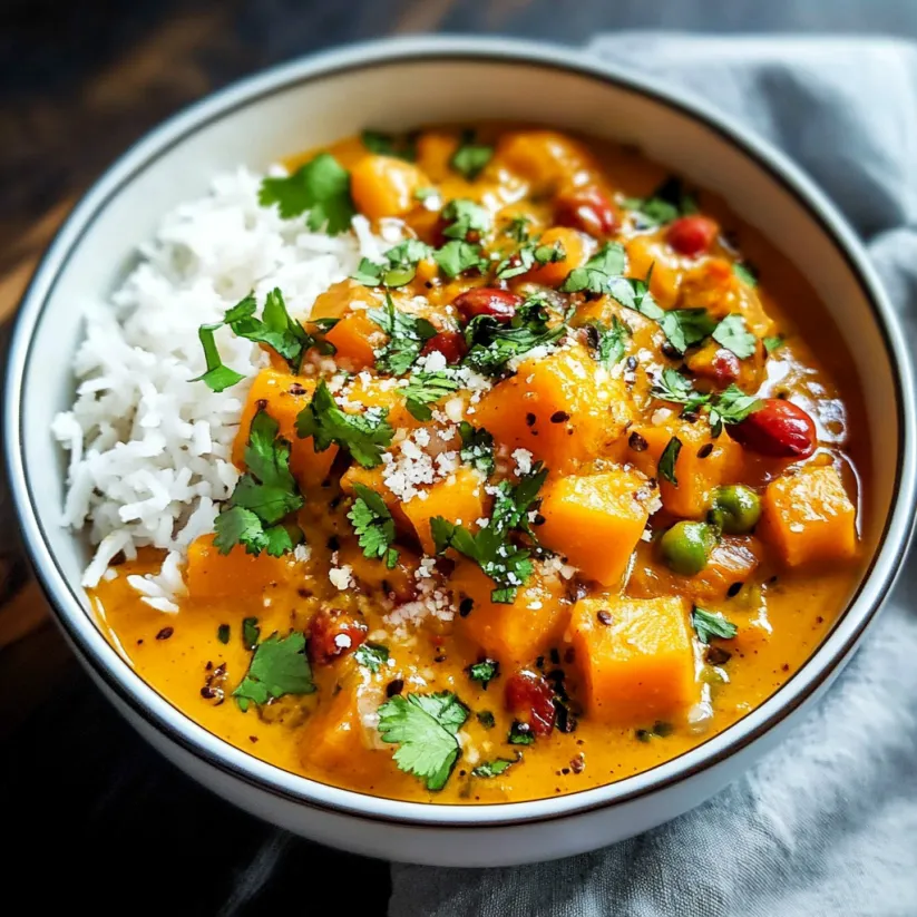 A bowl of pumpkin curry with rice and spices.