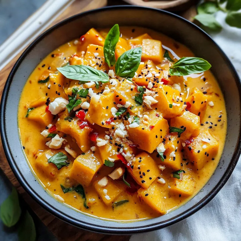 A bowl of pumpkin curry with coconut milk.