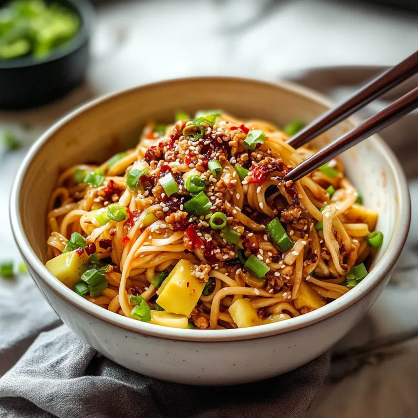 A bowl of noodles with peppers and sauce.