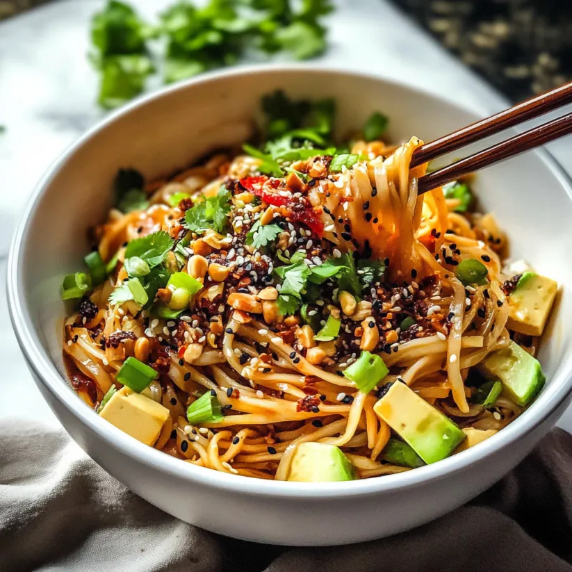 A bowl of noodles with vegetables and sauce.