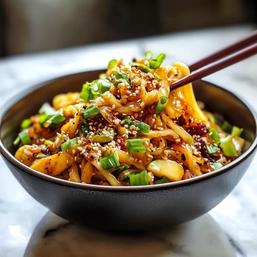 A bowl of noodles with vegetables and sauce.