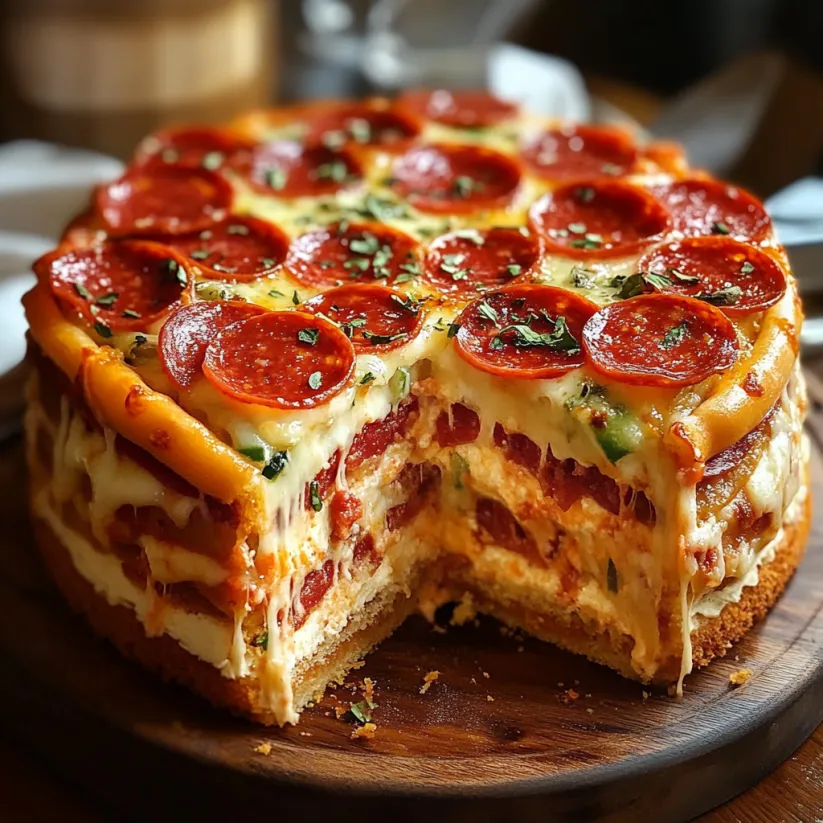 A slice of pepperoni pizza layer cake.