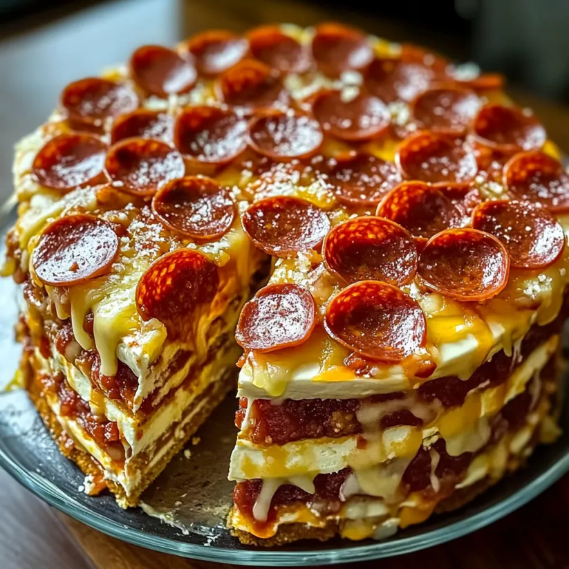 A slice of pepperoni pizza layer cake.