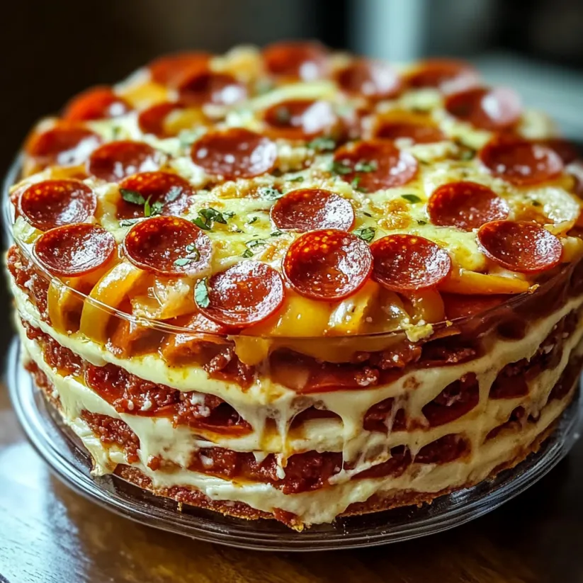 A pepperoni pizza layer cake.
