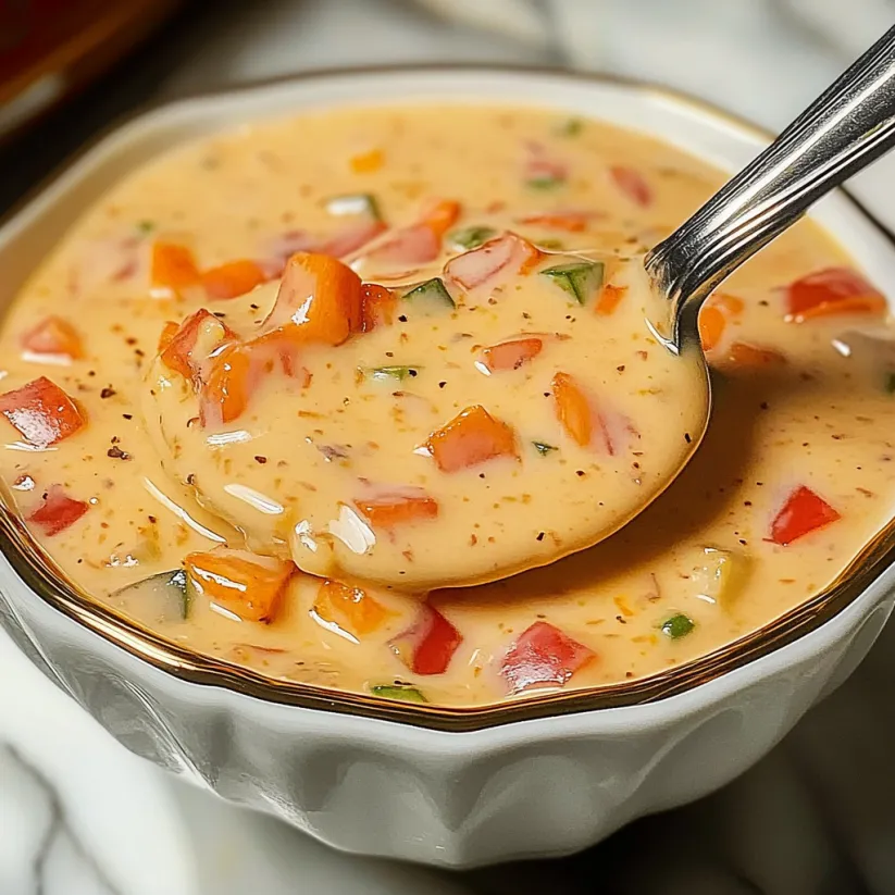 A spoon in a bowl of soup.