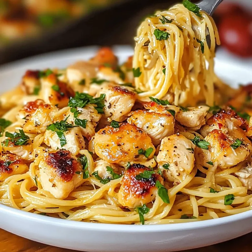 A plate of chicken scampi with spaghetti.