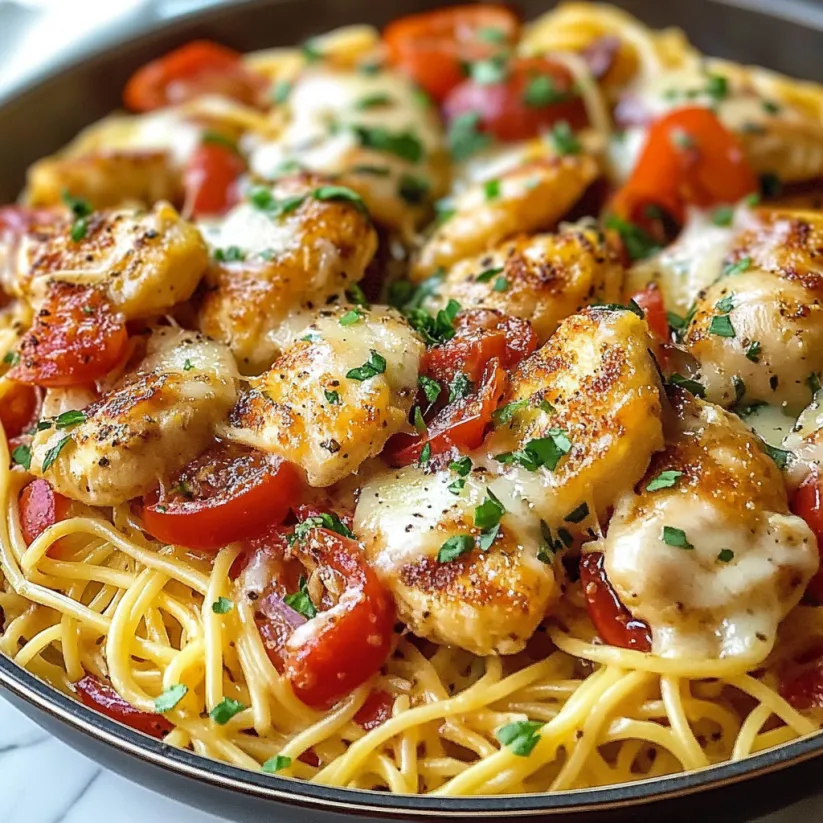 A plate of chicken scampi with tomatoes and cheese.