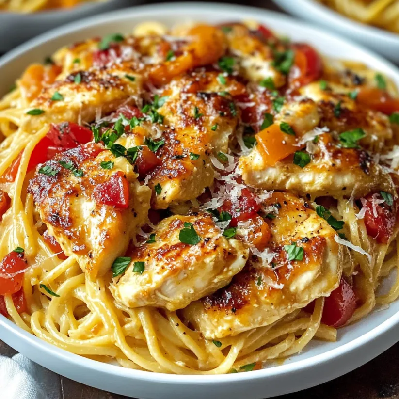 A plate of chicken scampi with tomatoes and cheese.