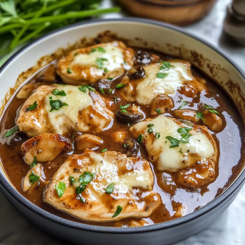 A bowl of chicken Madeira with mushrooms and herbs.