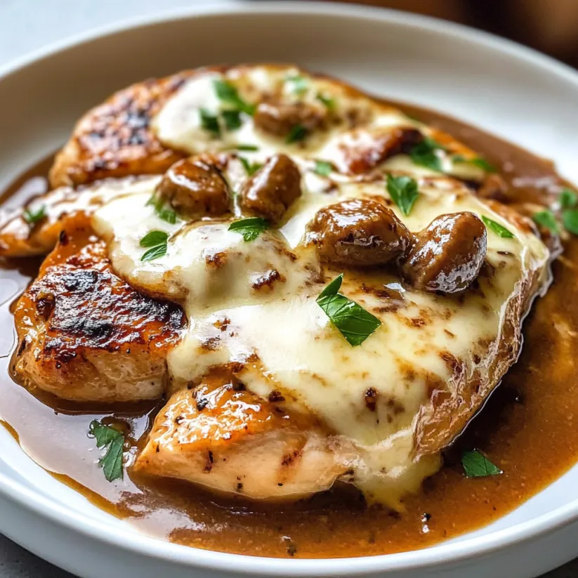 A plate of chicken Madeira with mushrooms and cheese.