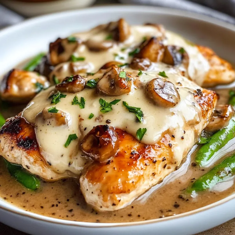 A plate of chicken Madeira with mushrooms and green beans.