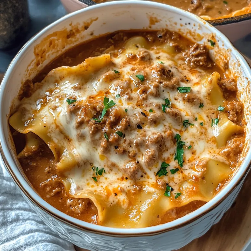 A bowl of lasagna soup with meat and cheese.
