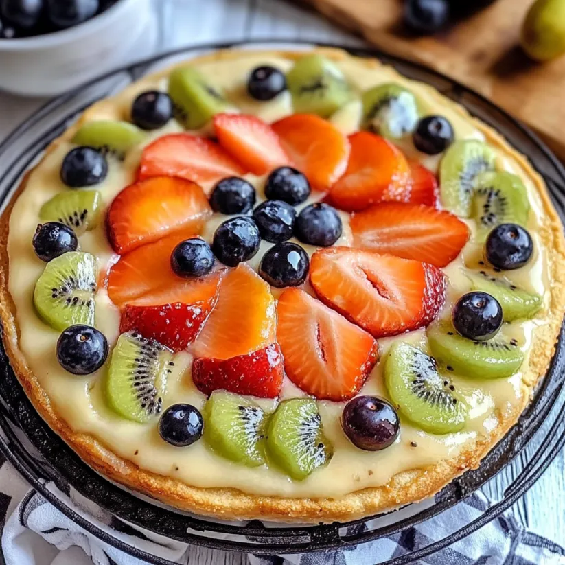 A fruit pizza with kiwi, strawberries, blueberries, and kiwi.