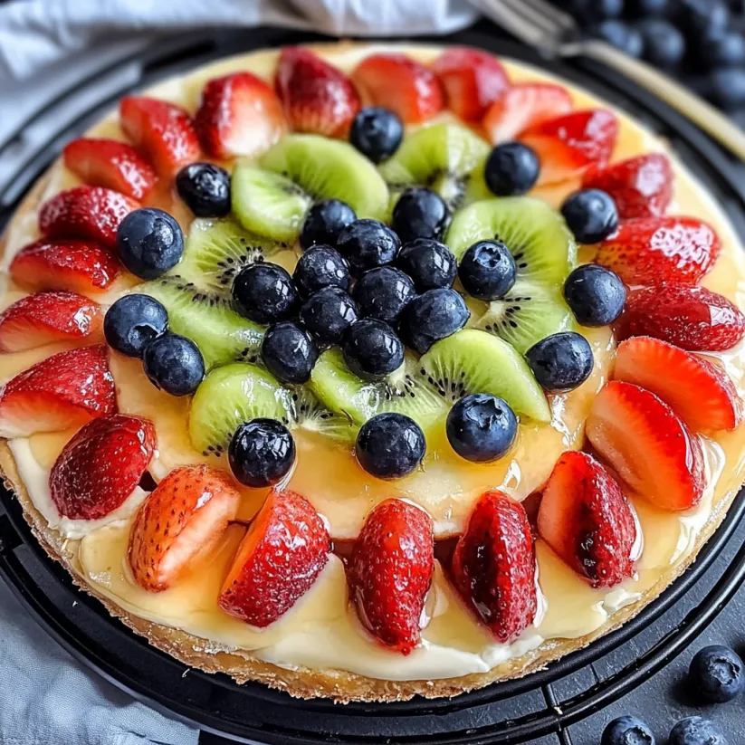 A fruit pizza with strawberries, kiwi, blueberries, and raspberries.
