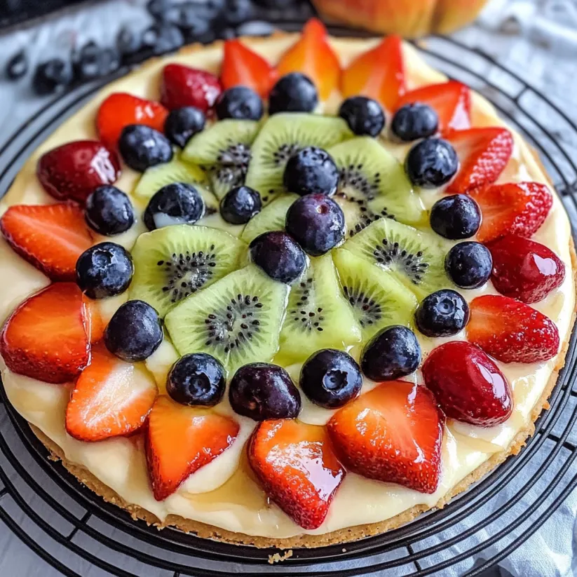 A fruit pizza with kiwi, strawberries, blueberries, and raspberries.