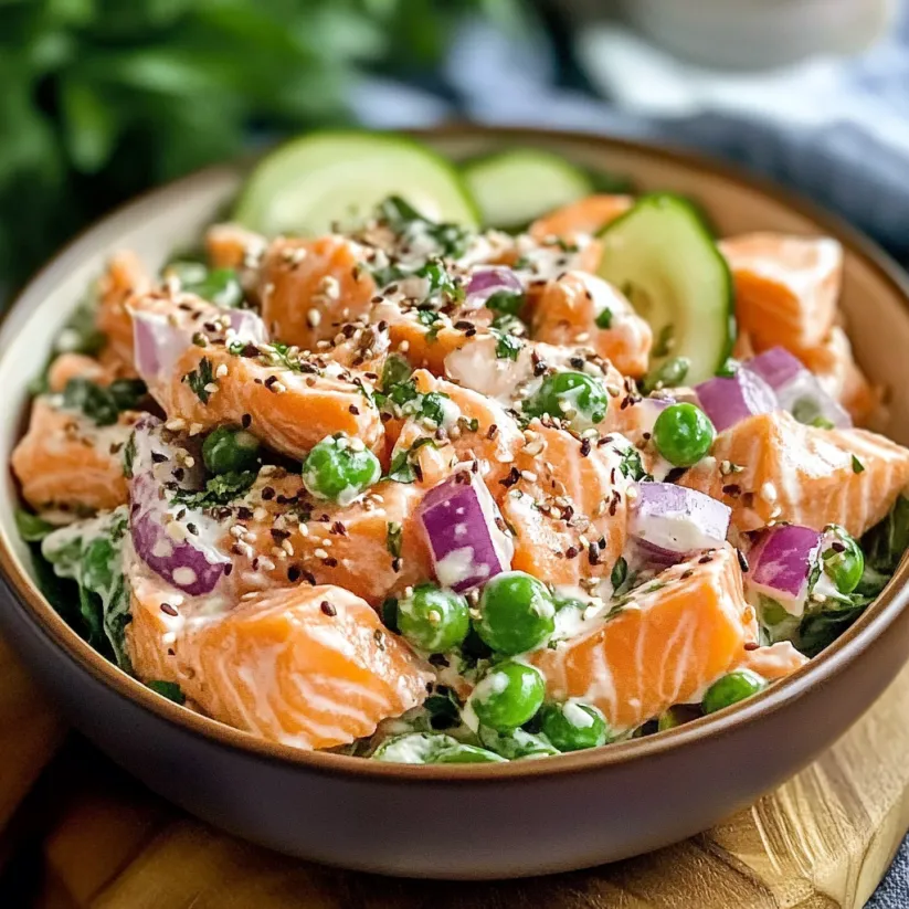 A bowl of salmon salad with peas and cucumbers.