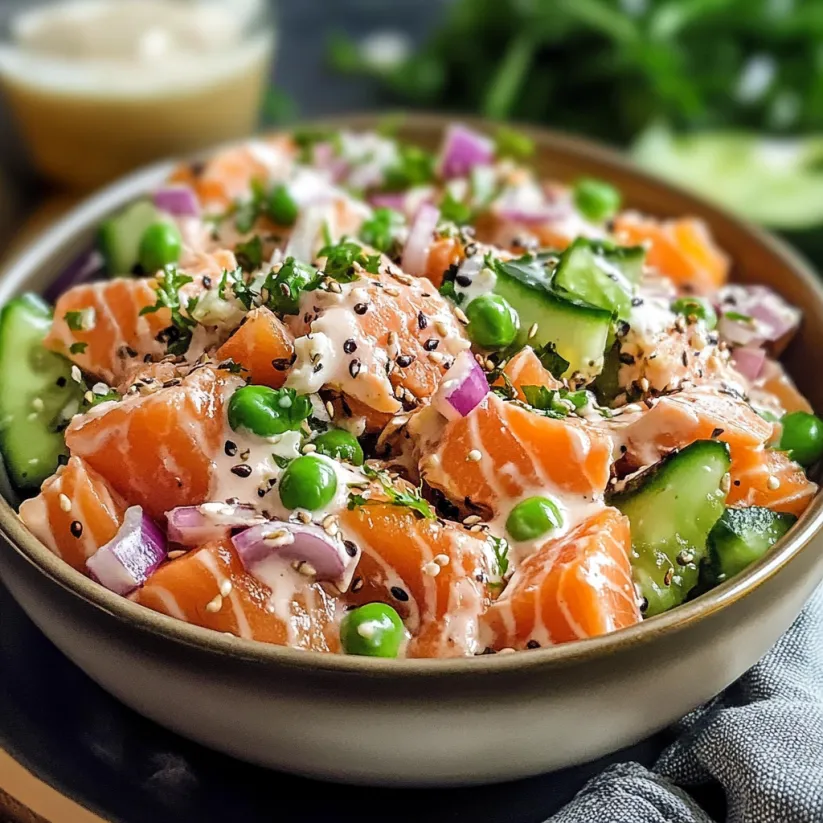 A bowl of salmon salad with peas and cucumbers.