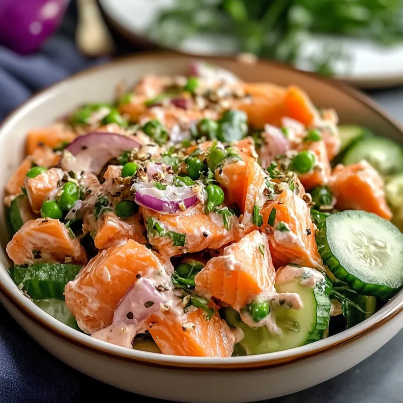 A bowl of salmon salad with cucumbers and peas.