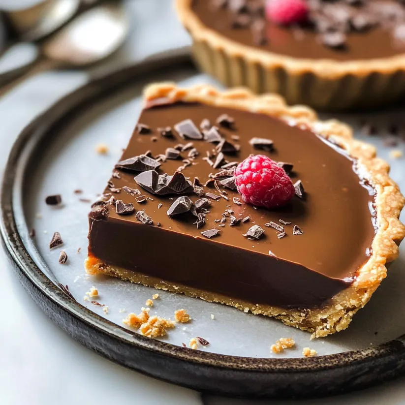 A slice of chocolate tart with chocolate chips and a raspberry on top.