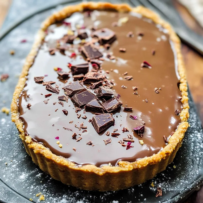 A slice of chocolate tart with chocolate chips on top.