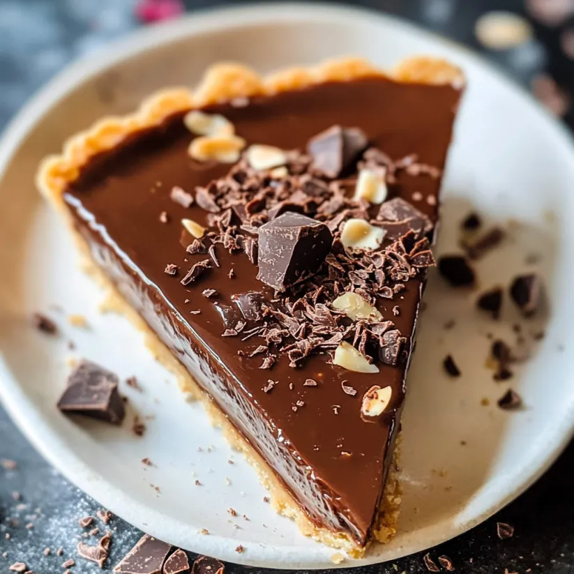 A slice of chocolate tart on a plate.