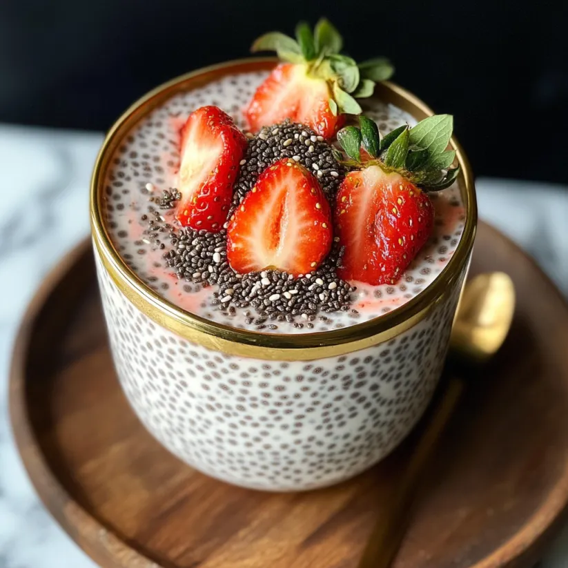 A cup of chia pudding with strawberries on top.