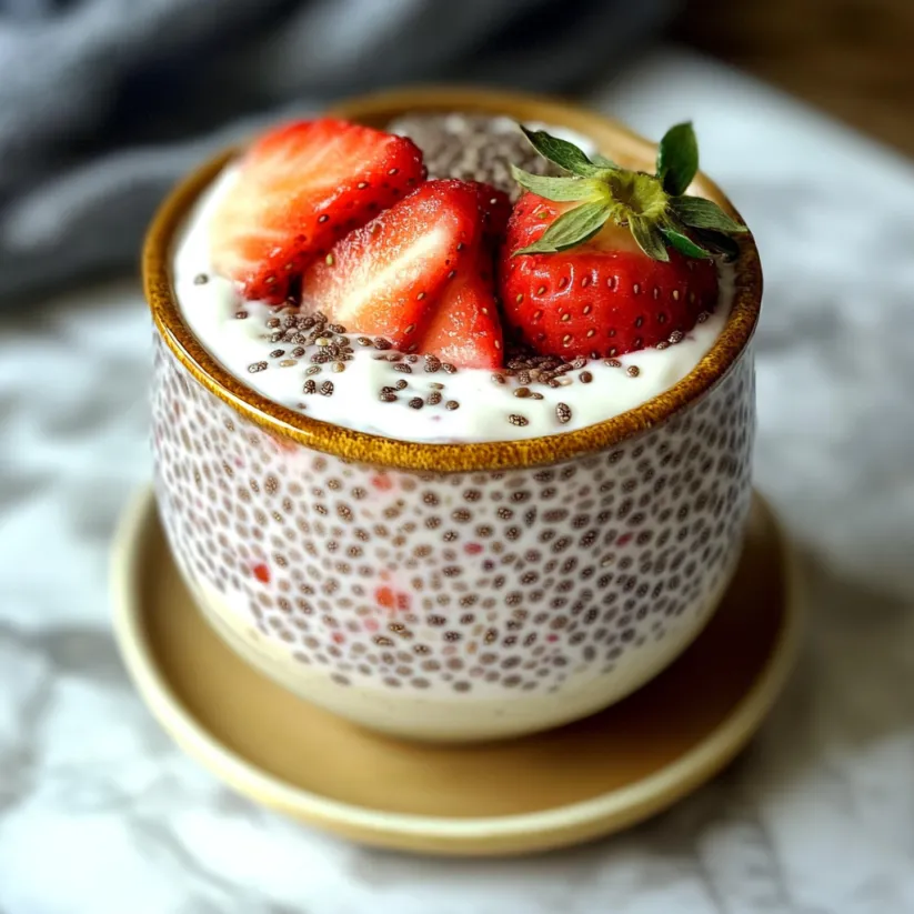 A bowl of chia pudding with strawberries on top.