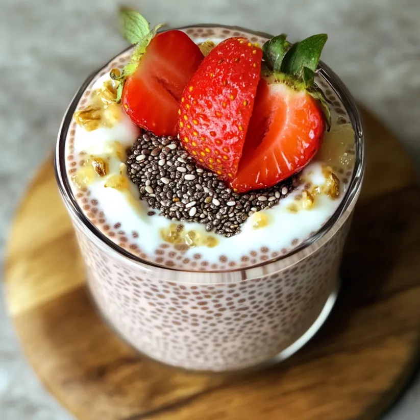 A glass of chia pudding with strawberries on top.