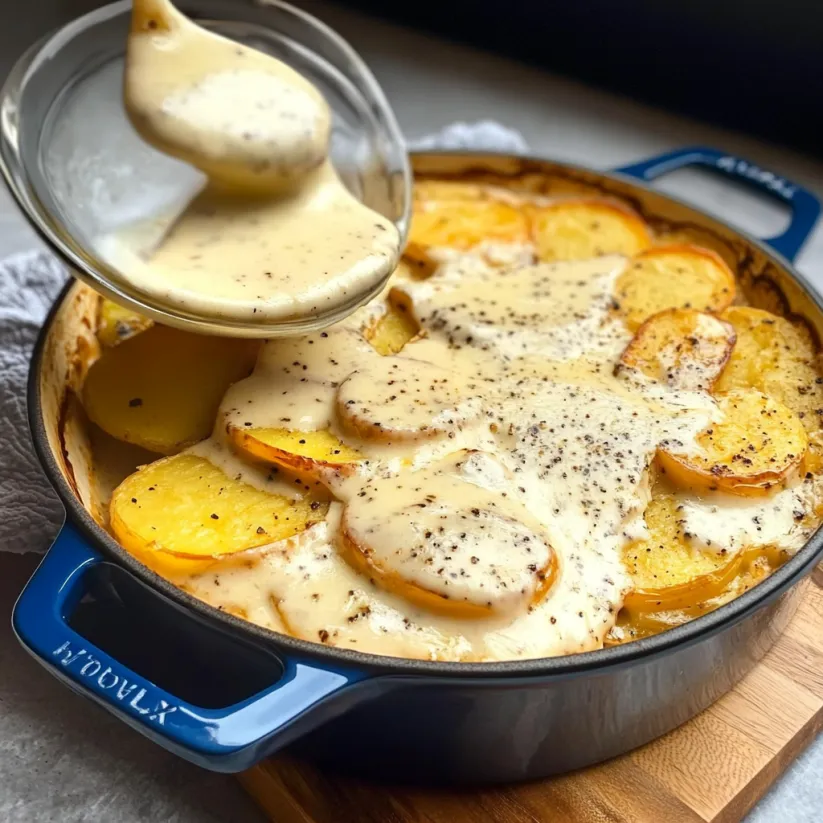 A pot of food with a spoon in it.