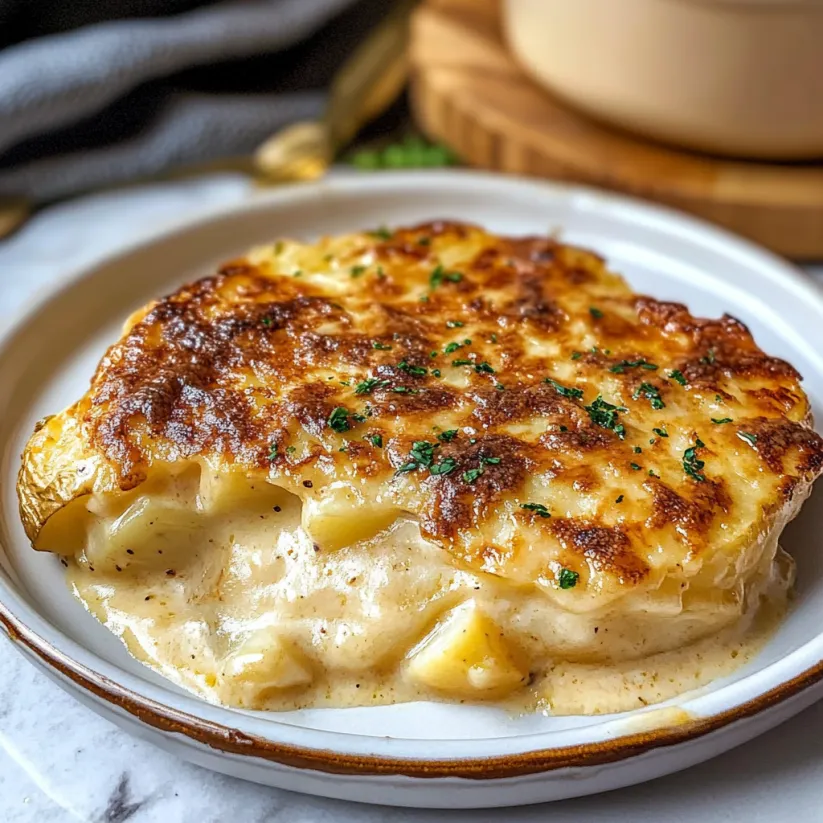 A delicious looking potato dish with cheese and herbs.