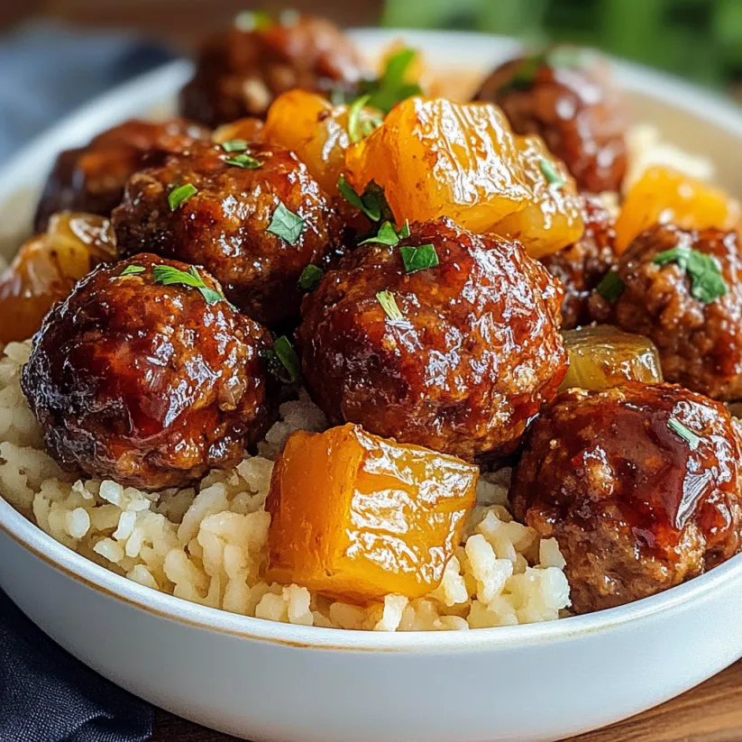 A bowl of meatballs with rice and pineapple.