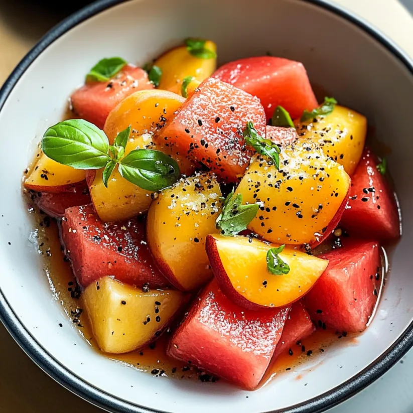 A bowl of fruit salad with watermelon and peaches.