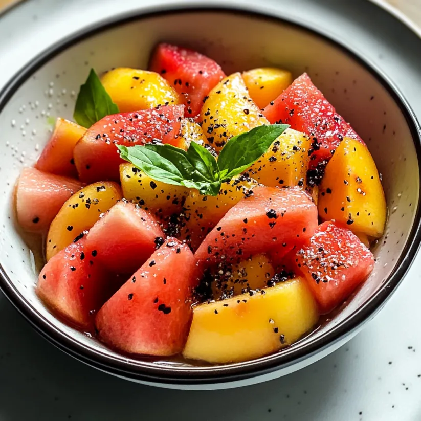 A bowl of fruit salad with peaches, watermelon, and black seeds.