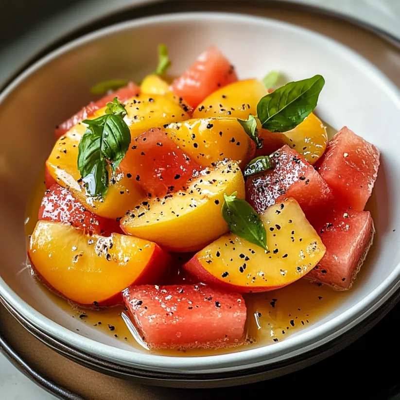 A bowl of peach watermelon salad with black seeds.
